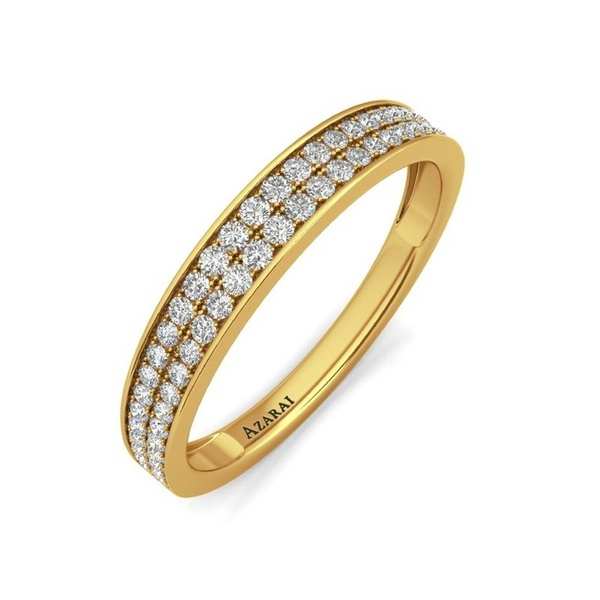 A yellow gold ring with two rows of diamonds.