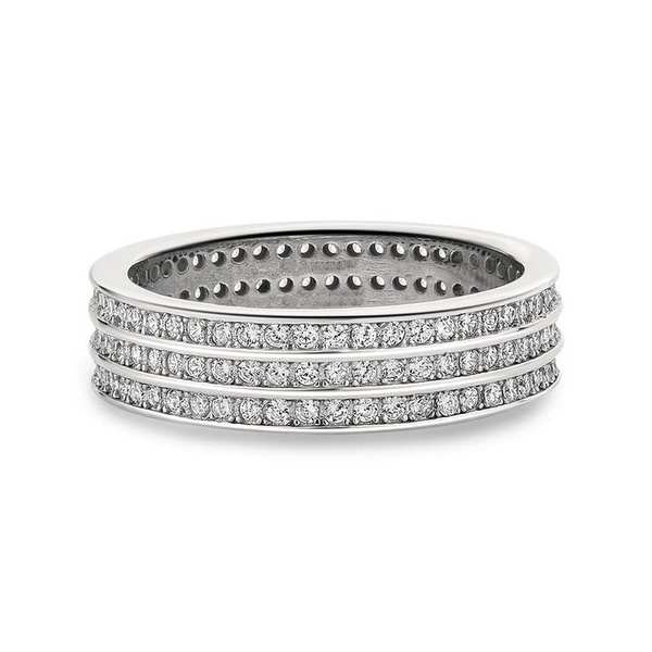 A white gold band with three rows of diamonds.