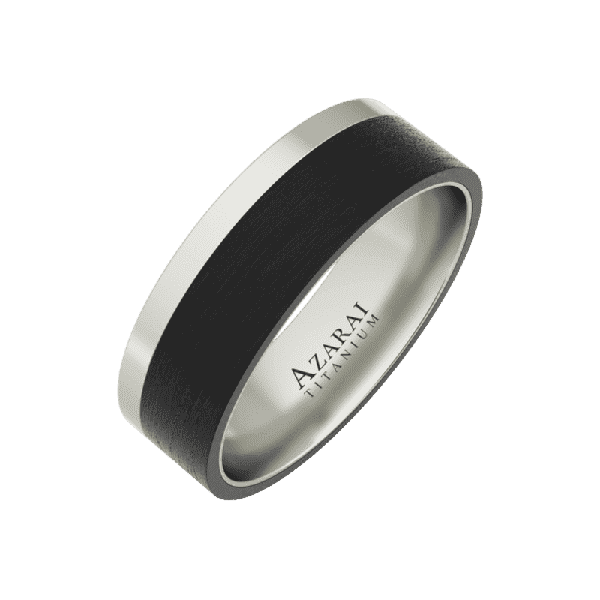 A men's ring with a black and silver band.