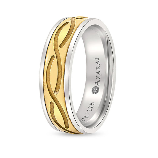 A men's Cypress 9kt gold and silver wedding band with a yellow and white gold design.