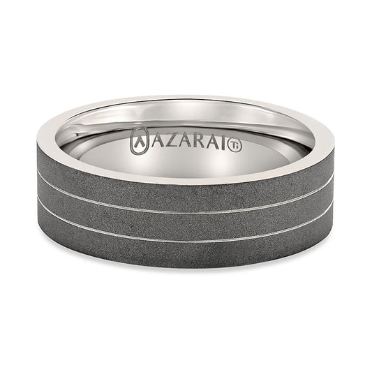 A Windsor titanium wedding band with a black and gray stripe.