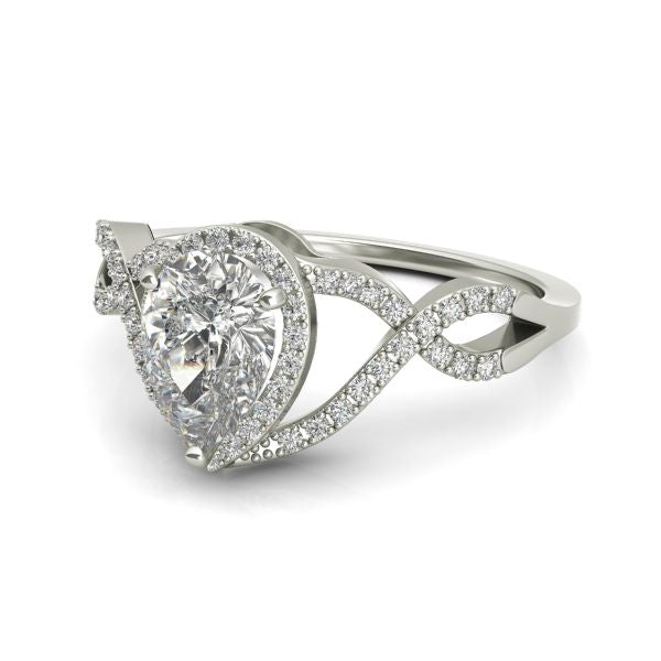 A Fiona sterling silver engagement ring ON CLEARANCE featuring a center diamond with a halo and intricate band design, set against a white background.