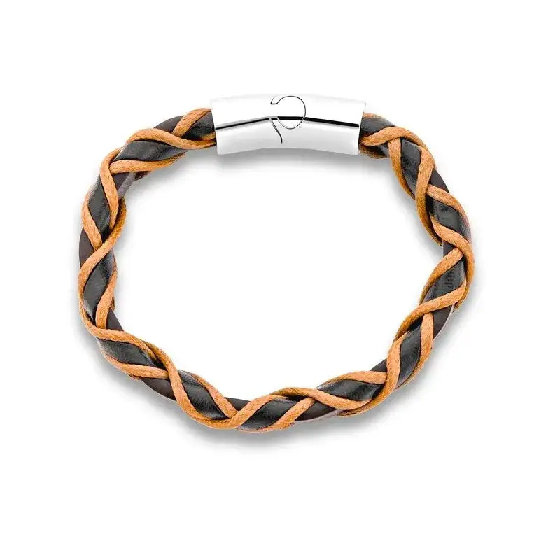 A braided brown and tan leather bracelet with a silver clasp.
