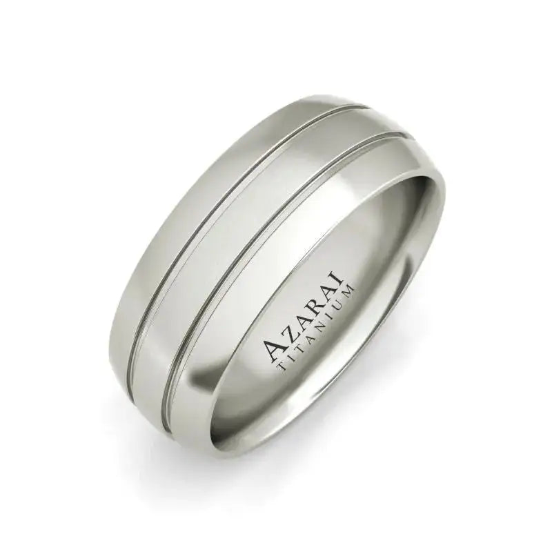 Matte silver titanium ring with two parallel grooves and "AZARAI TITANIUM" engraved on the inner band, displayed on a white background.