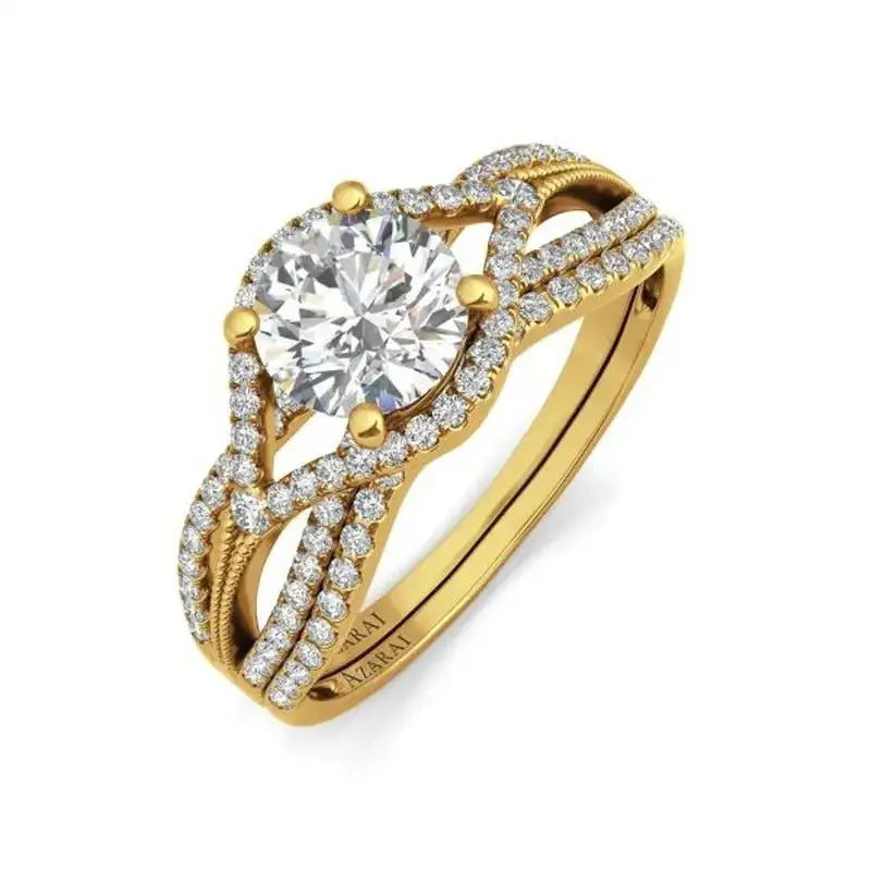 A gold ring with an intricate twisted band design, set with a large round central diamond and smaller diamonds along the band.