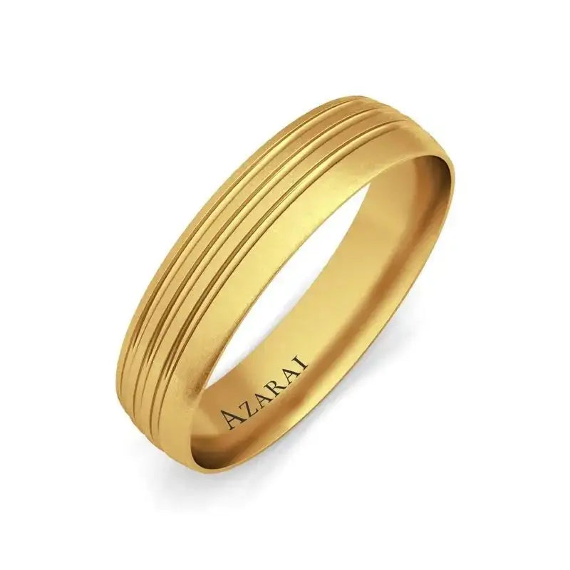 Gold ring with three parallel grooves on the outer surface and "AZARAI" engraved on the inside, displayed on a white background.