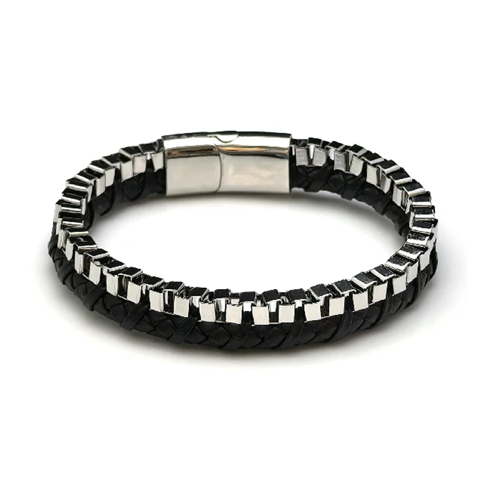 The Dualex Leather Chain Men's Bracelet features black braided leather, rectangular silver accents, a stainless steel chain for a modern look, and is finished with a stylish silver magnetic clasp.