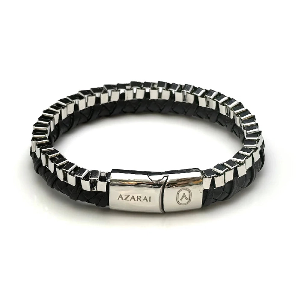 The Dualex Leather Chain Men's Bracelet features black braided leather, silver-tone rectangular links, a stainless steel chain detail, and a magnetic clasp engraved with "AZARAI" and a circular logo.