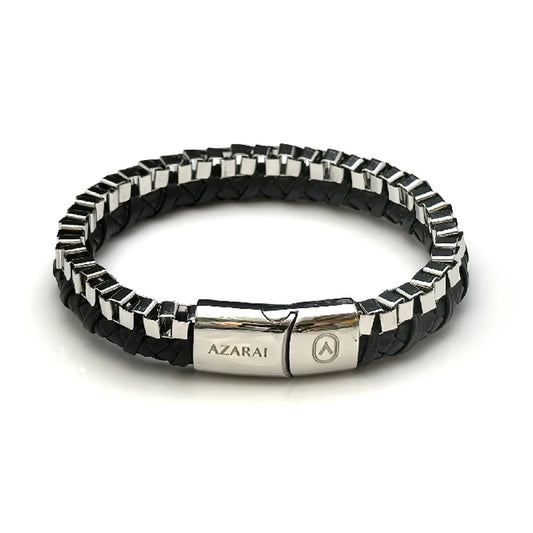 The Dualex Leather Chain Men's Bracelet features black braided leather, silver-tone rectangular links, a stainless steel chain detail, and a magnetic clasp engraved with "AZARAI" and a circular logo.