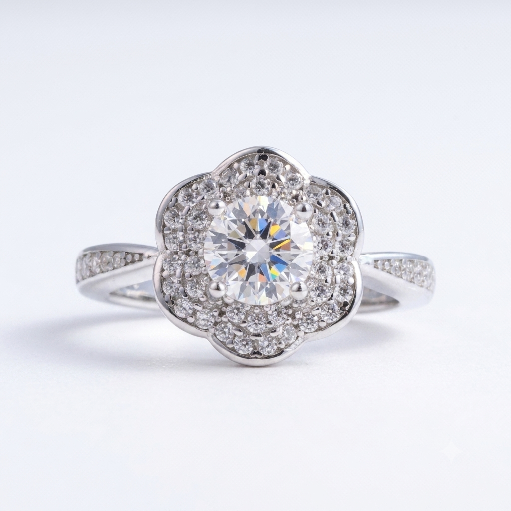 This Daisy sterling silver engagement ring features a round central diamond, surrounded by a floral-shaped halo of smaller diamonds and diamond accents on the band.