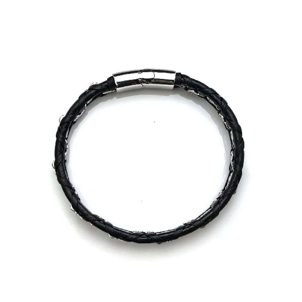 The Entwine Leather Chain Men's Bracelet features a black braided leather design and a silver magnetic clasp, shown against a white background.