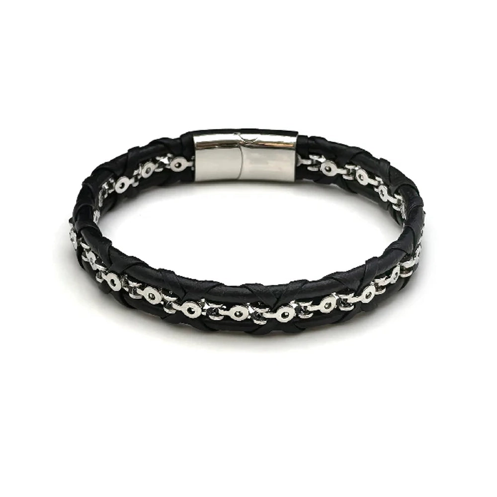 The Entwine Leather Chain Men's Bracelet is a black braided leather bracelet with a polished silver magnetic clasp and stainless steel anchor chain detail, shown on a white background.
