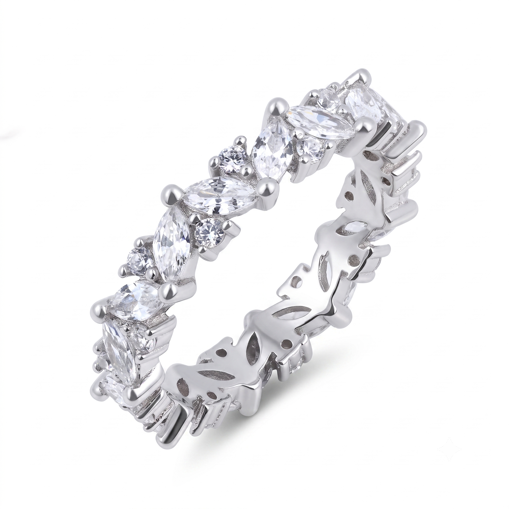 The Gipsy sterling silver wedding band features alternating marquise and round clear gemstones on a silver band, with a delicate cutout butterfly pattern along the inner side.