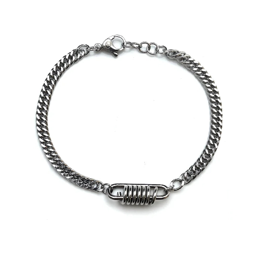 Introducing the Ignition Stainless Steel Men's Bracelet: a silver Franco chain with a lobster clasp and a central horizontal cylindrical spring detail for an automotive-inspired look.