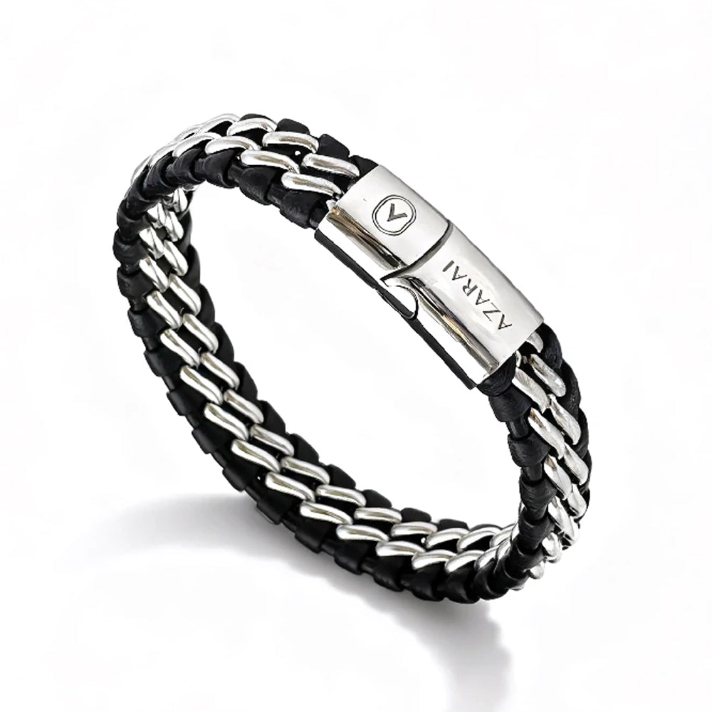 Introducing the Interlock Leather Chain Stainless Steel Men's Bracelet—a black braided leather bracelet with a stainless steel chain and a silver clasp engraved with "Azarai.