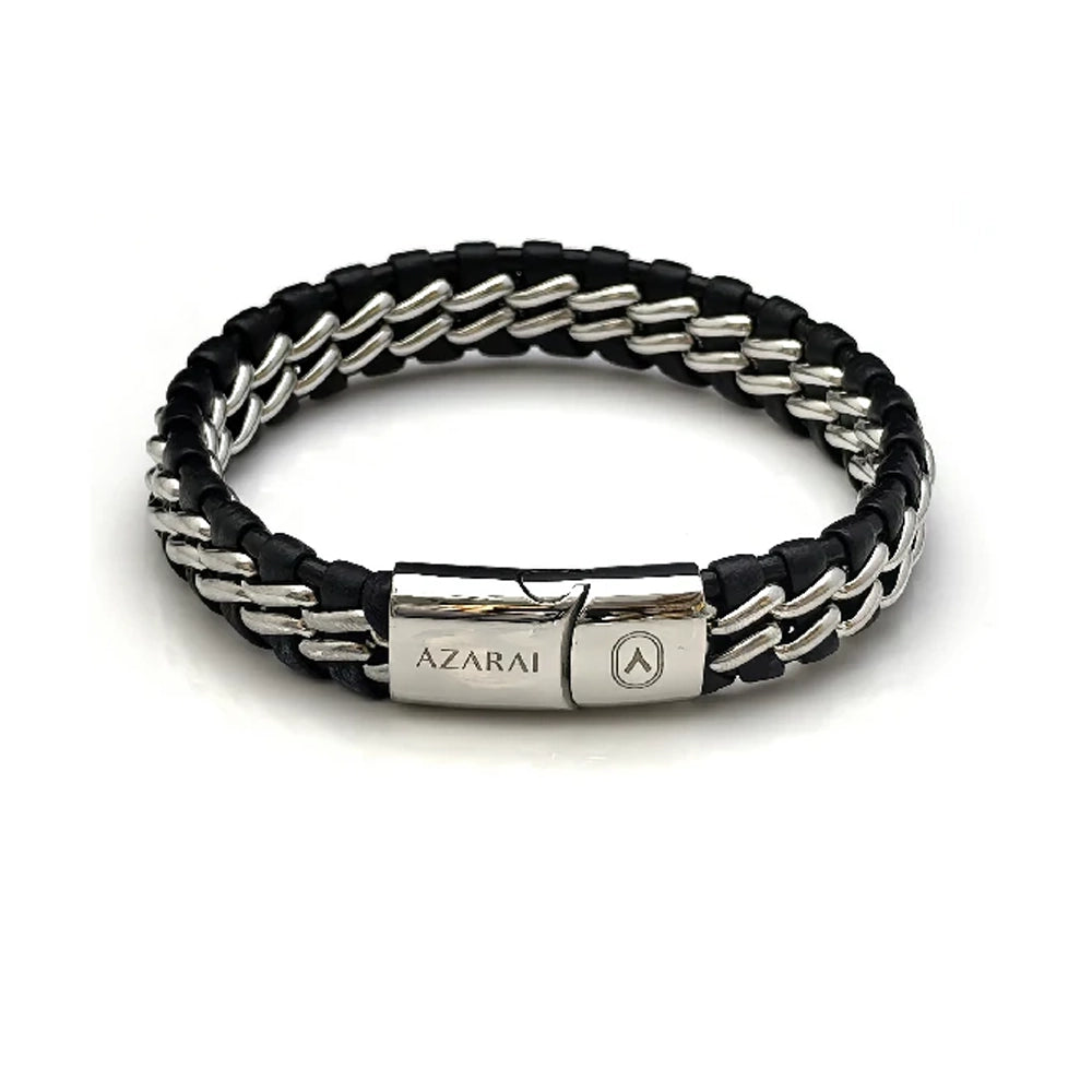 The Interlock Leather Chain Stainless Steel Men's Bracelet features a black leather cord braided with silver-tone metal and a clasp engraved with the "AZARAI" brand name and logo.