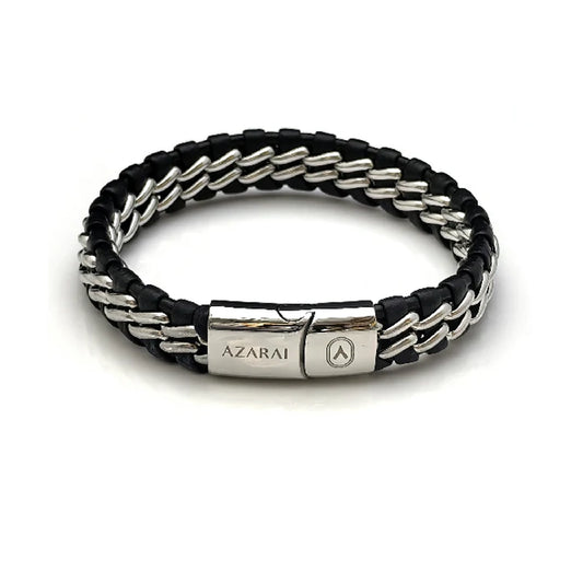 The Interlock Leather Chain Stainless Steel Men's Bracelet features a black leather cord braided with silver-tone metal and a clasp engraved with the "AZARAI" brand name and logo.