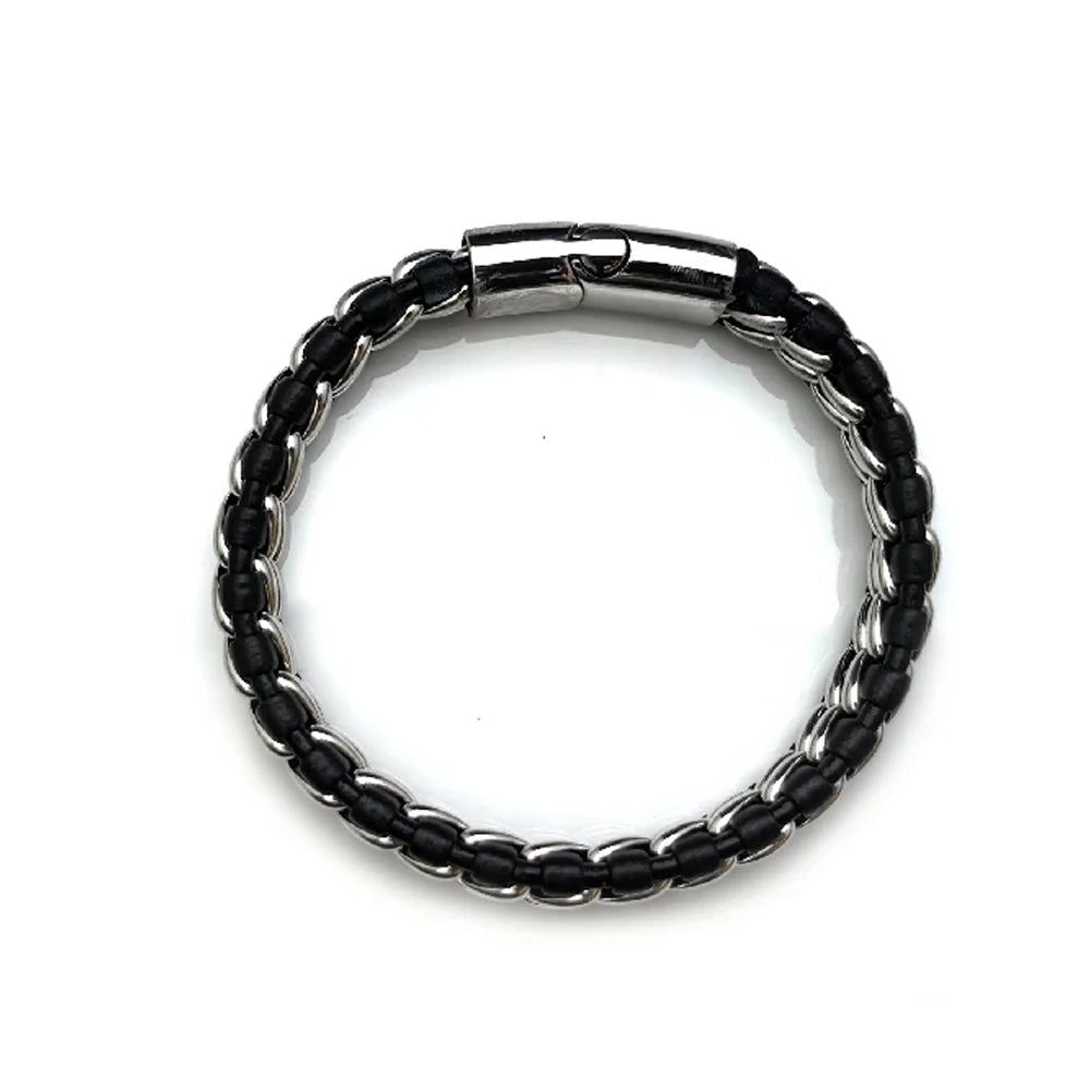 The Interlock Leather Chain Stainless Steel Men's Bracelet is a black braided leather cord with a sleek silver clasp, arranged in a circle on a white background.