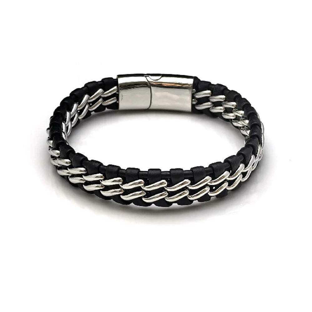 The Interlock Leather Chain Stainless Steel Men's Bracelet features black braided leather cord, interwoven silver metal links, and a magnetic stainless steel clasp, shown against a white background.