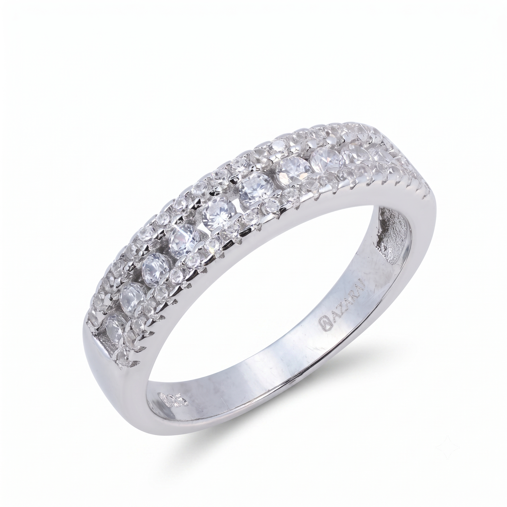 The Kayla sterling silver wedding band is beautifully designed with three rows of small round clear gemstones set elegantly along the top half, shown on a white background.