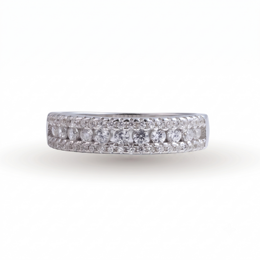 The Kayla sterling silver wedding band is showcased against a white background, featuring three rows of round white diamonds set in a pave setting.