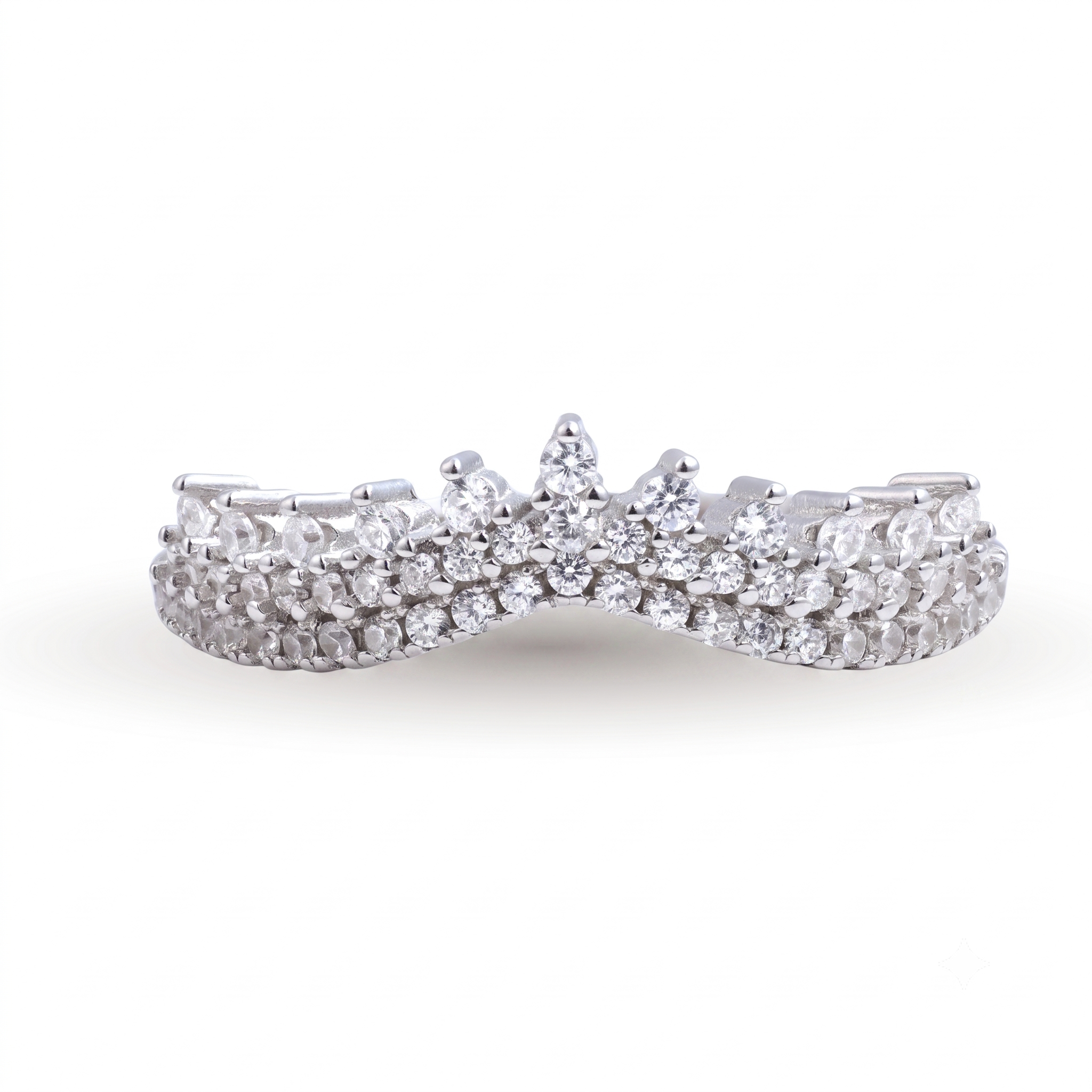 Meira sterling silver wedding band featuring a V-shaped design adorned with three rows of small round diamonds, displayed against a white background.