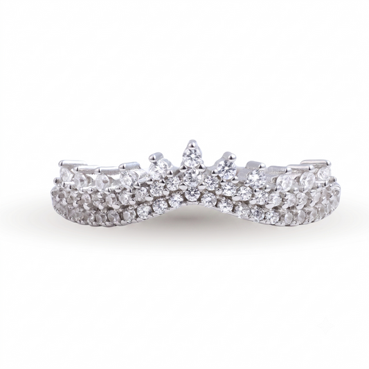 Meira sterling silver wedding band featuring a V-shaped design adorned with three rows of small round diamonds, displayed against a white background.