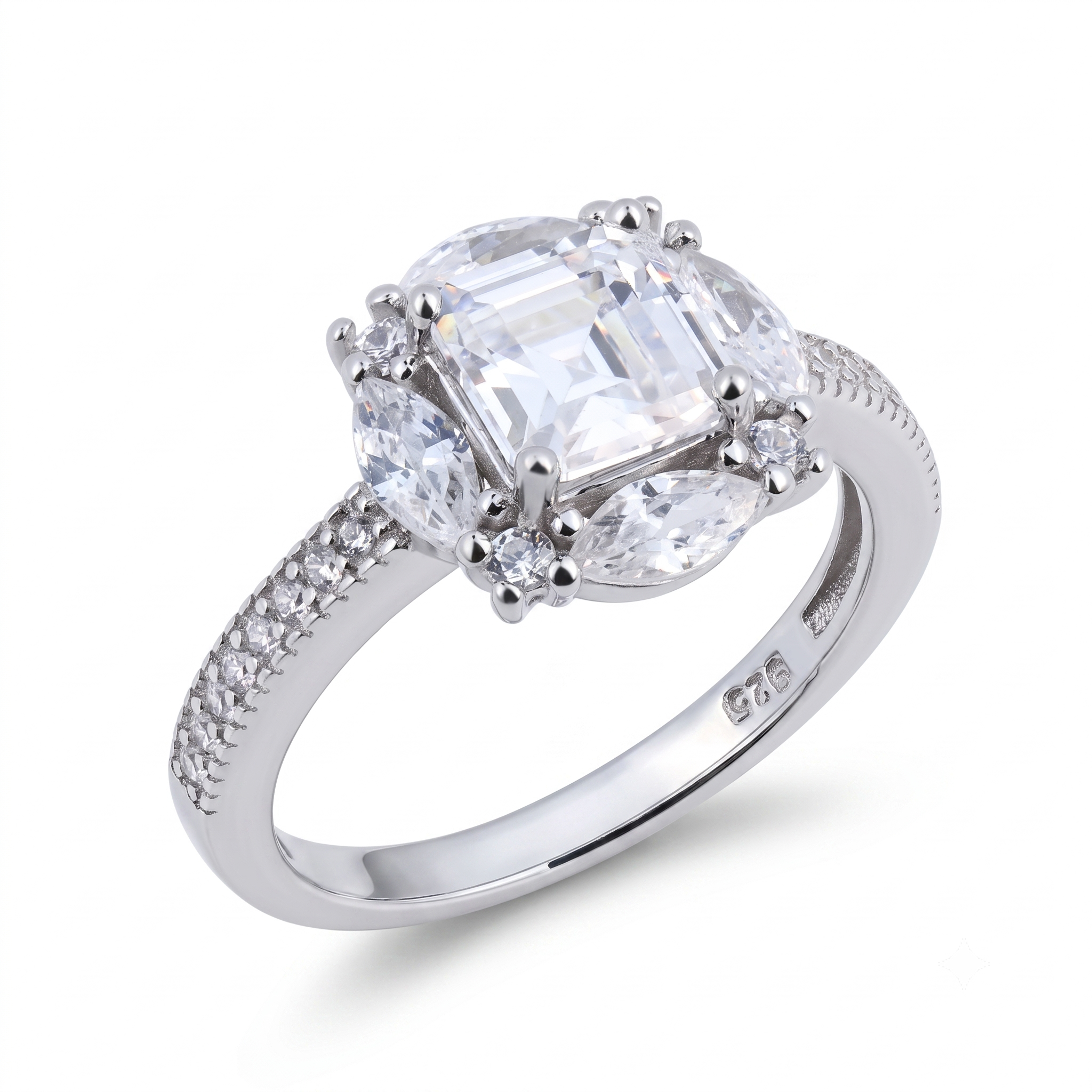 The Mulan sterling silver engagement ring features a large rectangular clear gemstone at its center, flanked by two oval stones and delicate round accents, with additional sparkling stones set along the band—an elegant and striking piece inspired by Mulan’s strength, perfect for an unforgettable engagement.