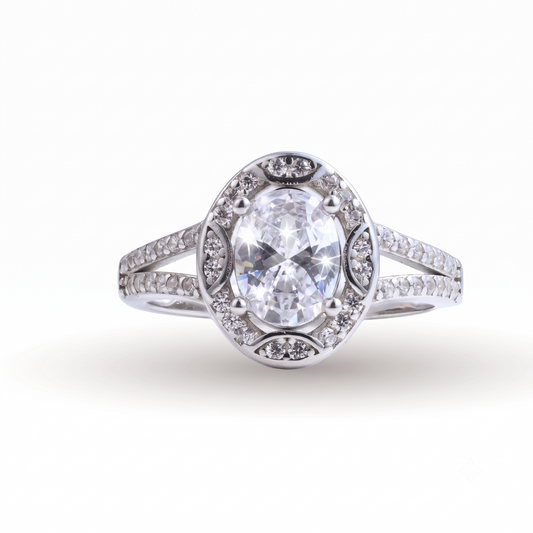 A stunning Mylania sterling silver engagement ring featuring a large oval-cut central diamond surrounded by a halo of smaller diamonds and additional diamonds set along the elegant split band, beautifully displayed on a white background.