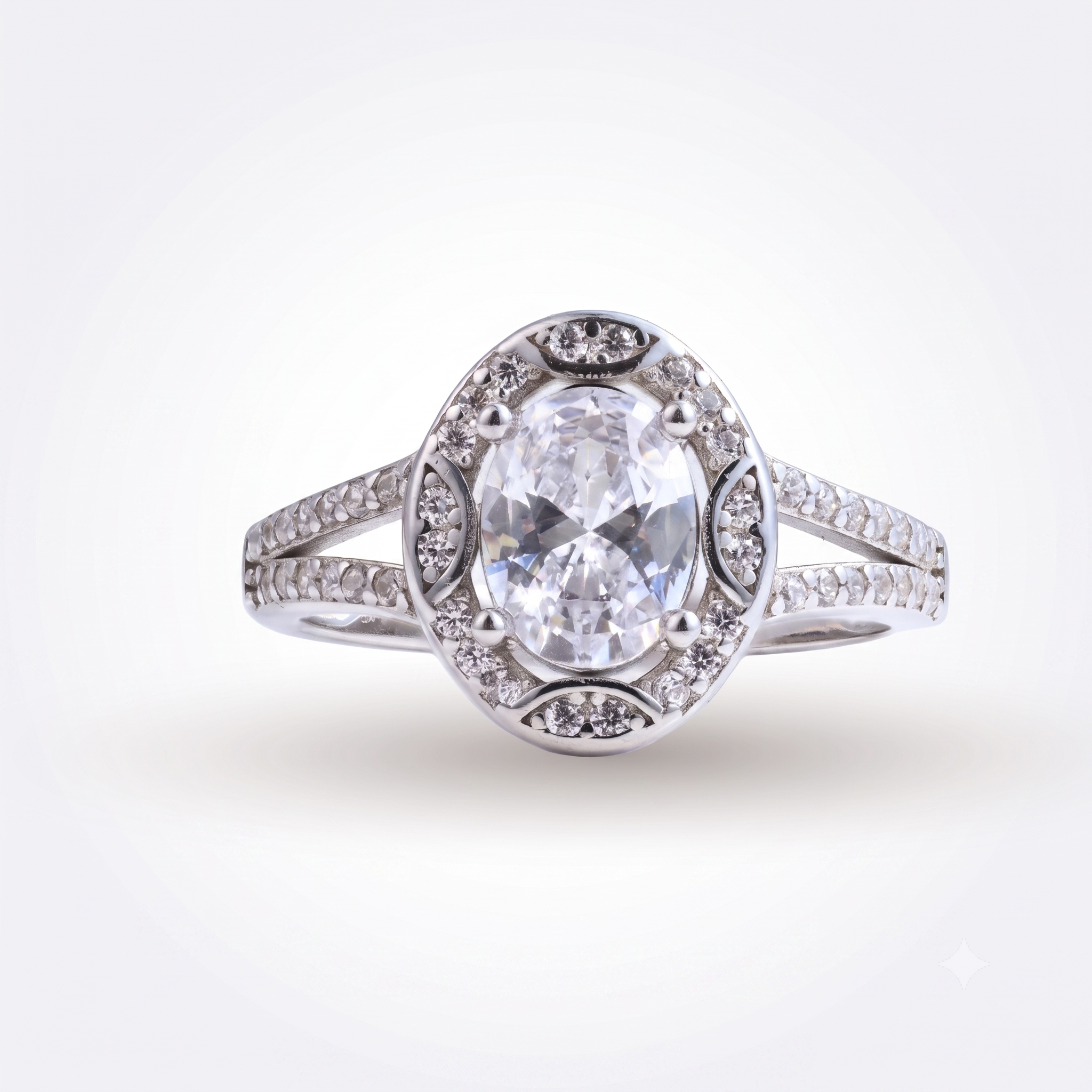 The Mylania sterling silver engagement ring showcases a breathtaking oval-cut clear gemstone at its center, accented by smaller sparkling stones along a delicate split shank band for an elegant and timeless look.
