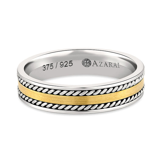 A Benedict 9kt gold and silver wedding band with a braided pattern.