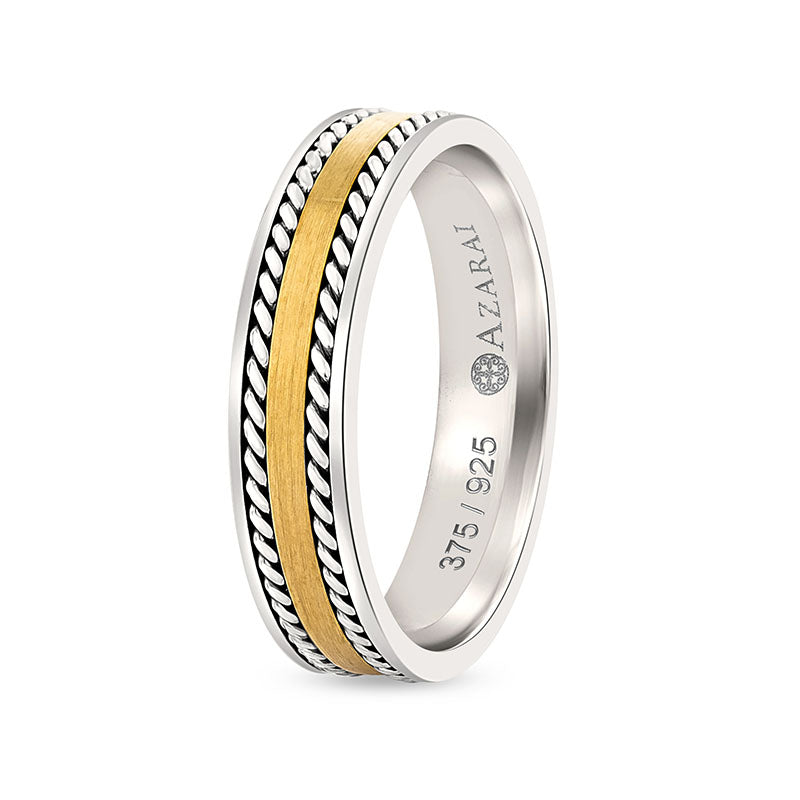 A Benedict 9kt gold and silver wedding band with a yellow and white gold band.