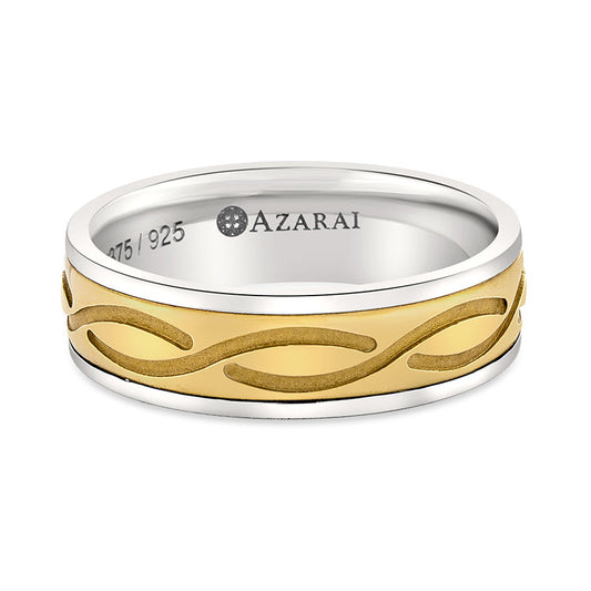 A Cypress 9kt gold and silver wedding band with an intricate design.