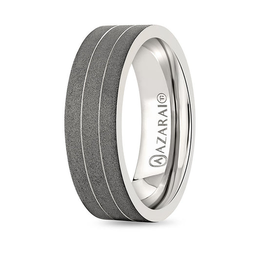 A Windsor titanium wedding band with a black and gray stripe.
