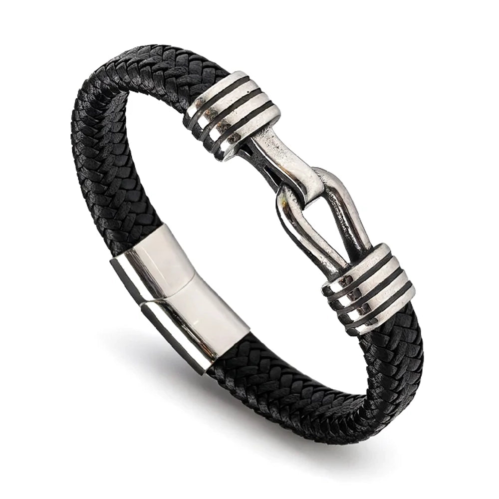 The Stirrup Braided Leather Men's Bracelet features black braided leather, a stainless steel clasp, and silver accents, creating a piece inspired by classic equestrian jewelry.