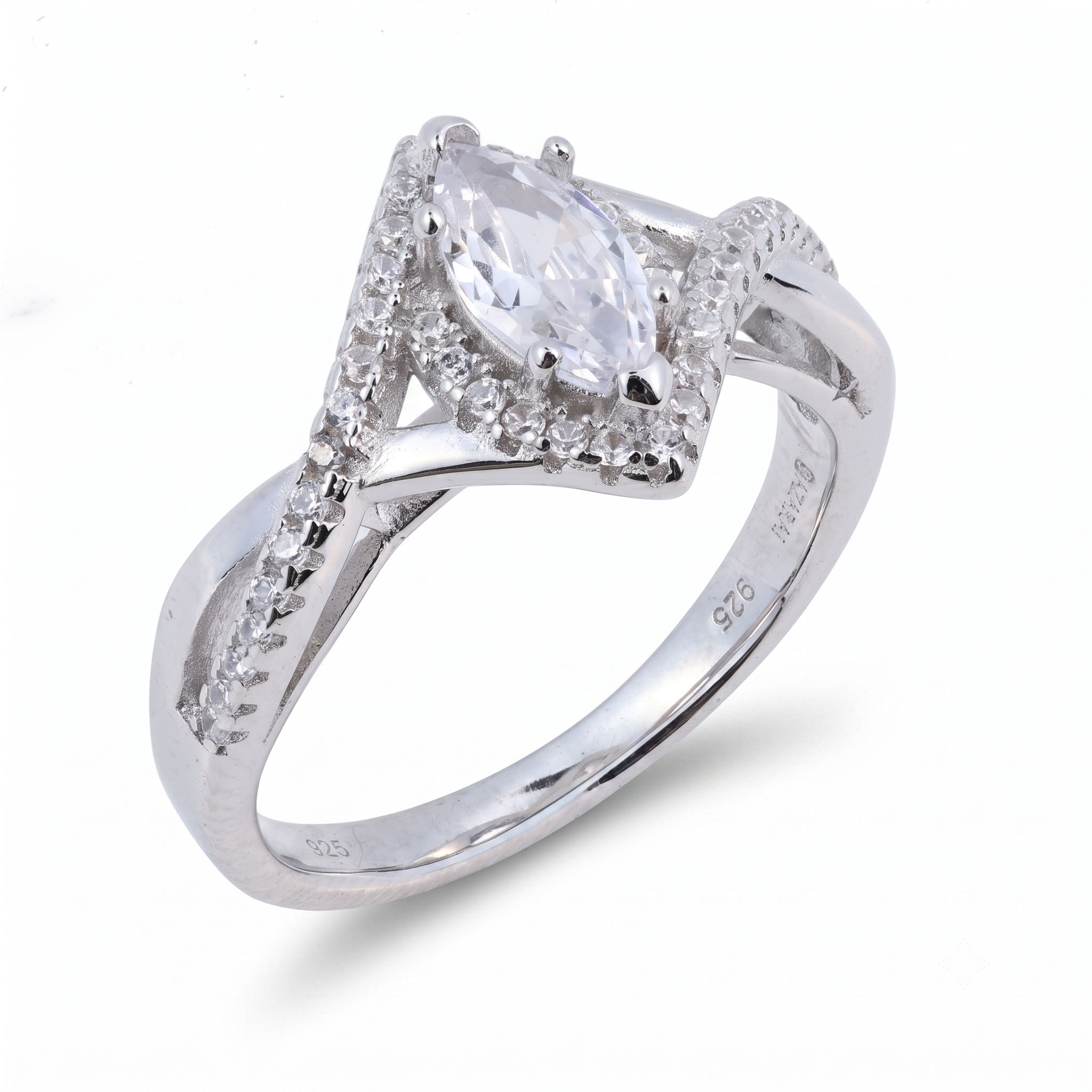 The Sia Marquise sterling silver engagement ring features a marquise-cut clear gemstone at the center, accented by small round stones and an interwoven band design, photographed on a white background—an elegant choice for an engagement ring.