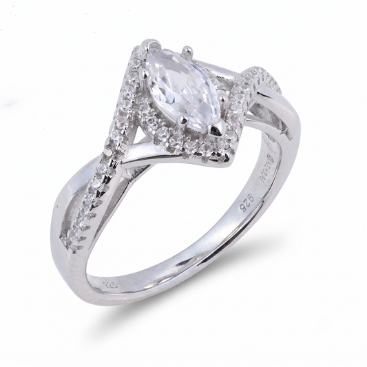 The Sia Marquise sterling silver engagement ring features a marquise-cut clear gemstone at the center, accented by small round stones and an interwoven band design, photographed on a white background—an elegant choice for an engagement ring.