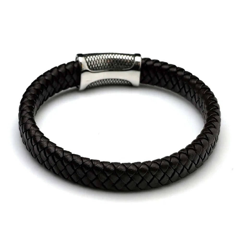 The Treso Braided Leather Men's Bracelet features dark brown leather, a stainless steel bar, and a silver clasp, shown on a white background.