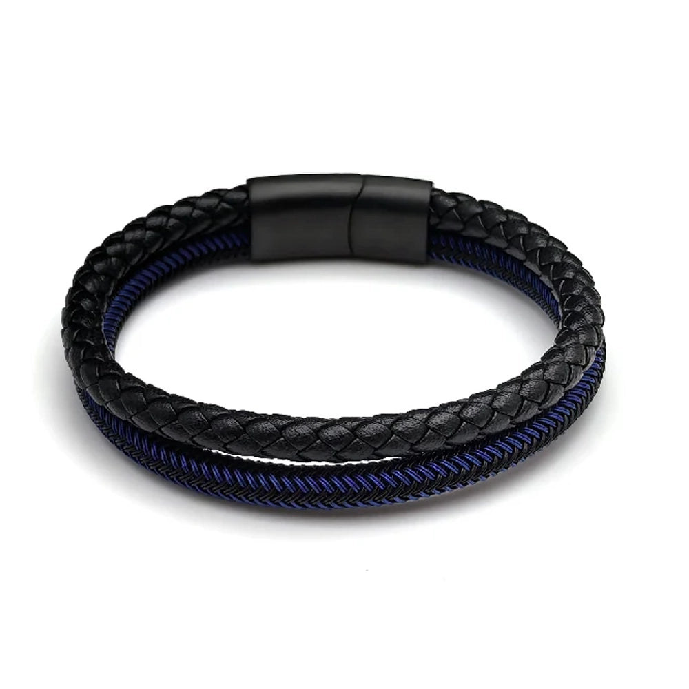 The Velocity Braided Leather Men's Bracelet showcases a sleek black braid with a magnetic clasp and a slim blue-accented strand for a modern, stylish look.