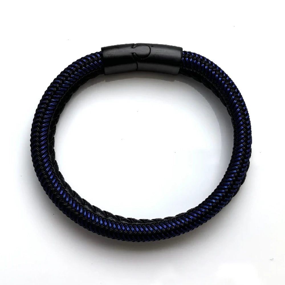 The Velocity Braided Leather Men's Bracelet features a black leather braid with dark blue accents and a sleek cylindrical magnetic clasp, shown on a white background.