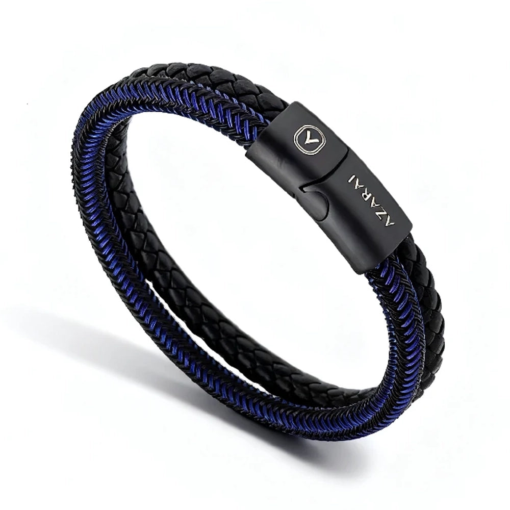 The Velocity Braided Leather Men's Bracelet features black and blue braided leather, a magnetic clasp, a small circular emblem with engraved text, and a multi-strand design for a stylish accent to any outfit.