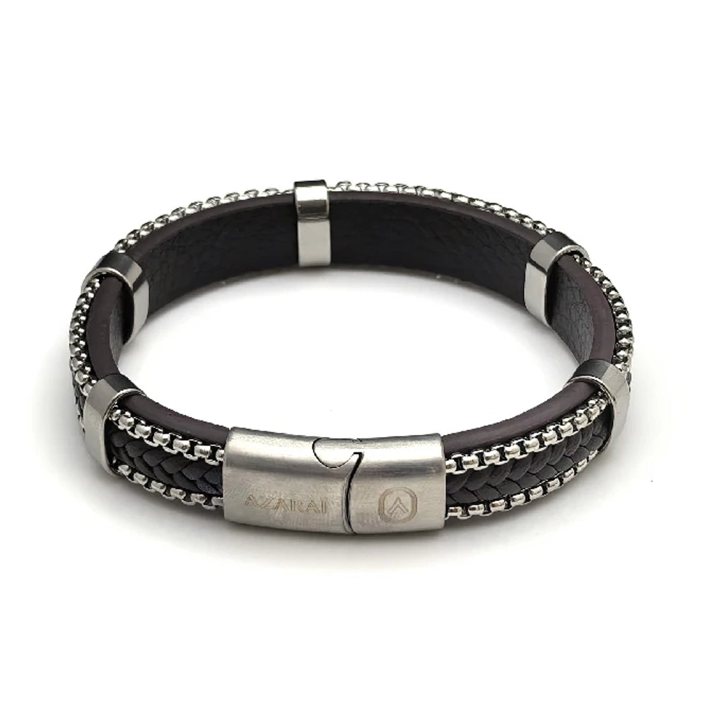 The Vex Leather Chain Men's Bracelet features a brown leather cord, stainless steel box chain accents, a magnetic clasp with engraved markings.