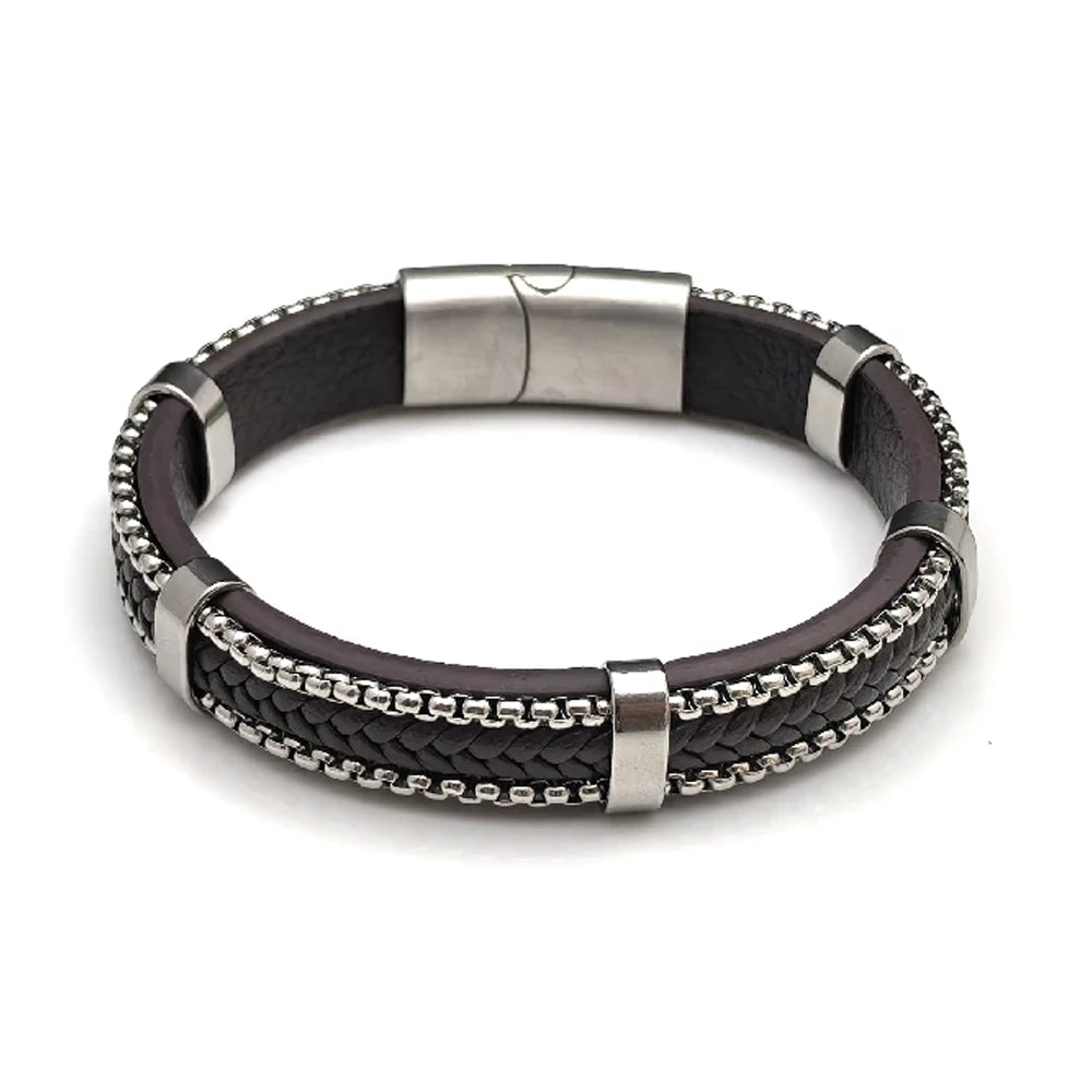 The Vex Leather Chain Men's Bracelet showcases black braided and smooth leather, a stainless steel box chain, and a sleek silver magnetic clasp for a stylish finishing touch.