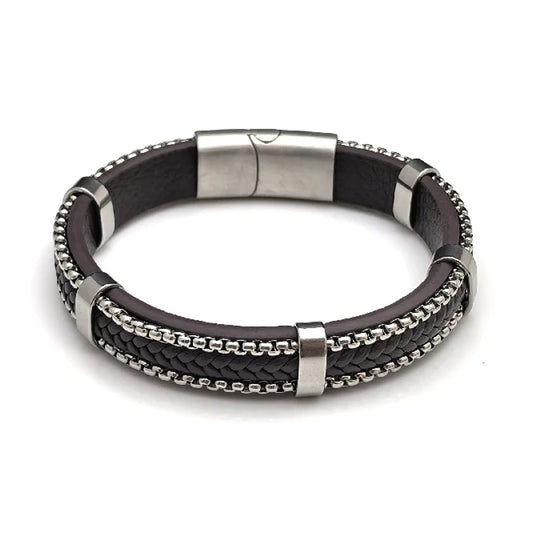 The Vex Leather Chain Men's Bracelet showcases black braided and smooth leather, a stainless steel box chain, and a sleek silver magnetic clasp for a stylish finishing touch.