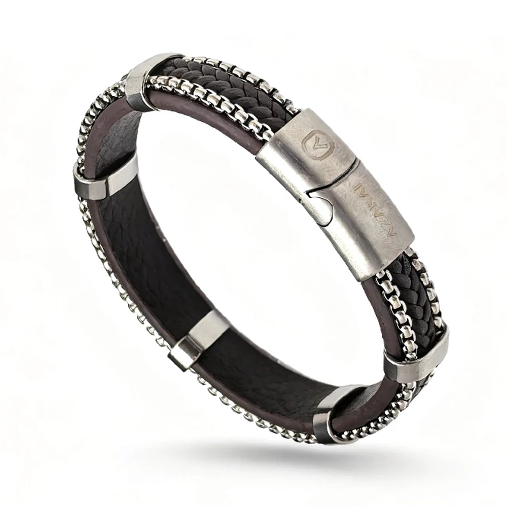 The Vex Leather Chain Men's Bracelet features black braided leather, silver-tone metal accents, and a rectangular magnetic clasp engraved with a logo.