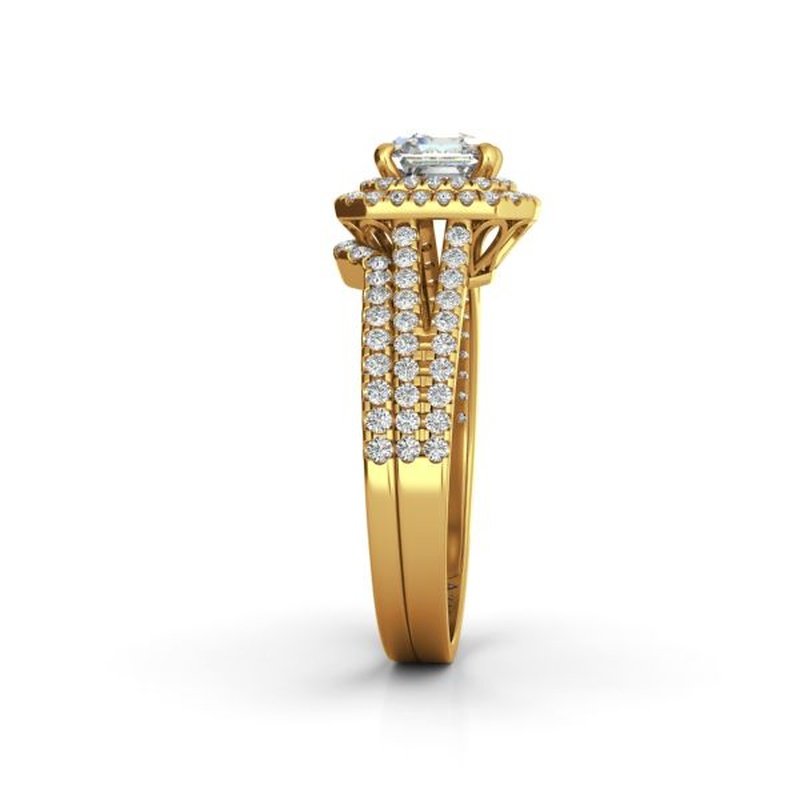 A Beatrix 9kt gold bridal set with a central large diamond flanked by vertical rows of smaller diamonds on a white background.