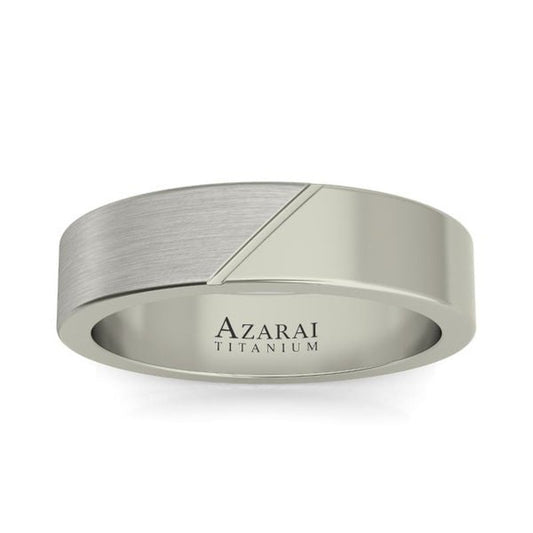 A Camelot titanium wedding band ON CLEARANCE, brushed with a polished diagonal accent and an engraved brand name inside.