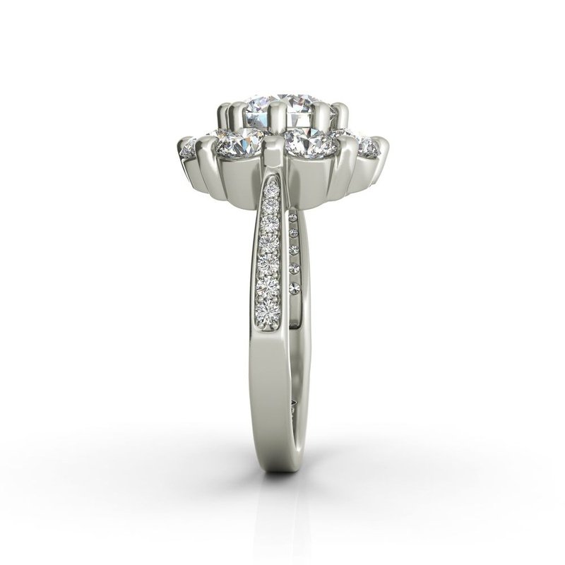 A Charlotte sterling silver engagement ring with a halo of diamonds.