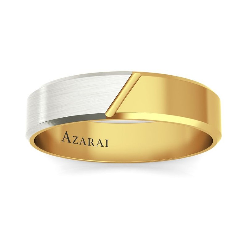 An Eclipse 14kt gold men's wedding band with the word azarai engraved on it.