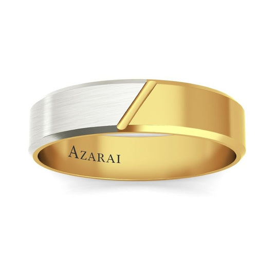An Eclipse 14kt gold men's wedding band with the word azarai engraved on it.